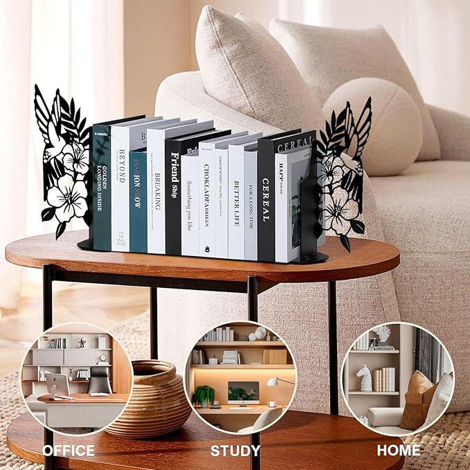 ENCIMART Bird Metal Bookends for Shelves Cute Flower Book Ends for Heavy Books Bookshelf Decorative Objects Office Home Desk Bookshelf Decor Book Lover Hummingbird Gifts for Women (Black)