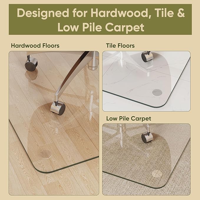 Tempered Glass Chair Mat for Hardwood Floor, 36" x 48" Heavy Duty Glass Office Chair Mat, for Low Pile Carpet, 0.2" Thick with 4 Non-Slip Pads, Smooth Rolling for Home & Office