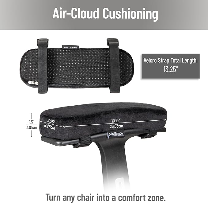 Mind Reader Air-Cloud Memory Foam Armrest Pads, Office & Gaming Chair Arm Rests, Elbow Support with Washable Cover, Black