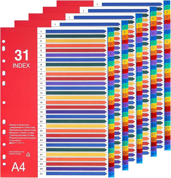 1-31 Tab Dividers, Plastic Binder Dividers for 2/3/4 Ring Binder, Customizable Table of Contents, Multicolor Number 1-31 Tabs, 5 Sets/ A4 Size