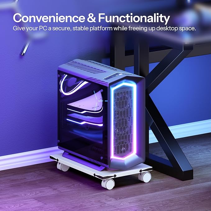 HOOBRO Mobile PC Stand, Ventilated Computer Tower Stand, PC Tower Holder with 4 Caster Wheels, CPU Holder Under Desk Fits Most Computer, for Office, Gamers, White WT46CJ01