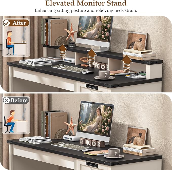 Vabches 55" Farmhouse Executive Desk with 3 Drawers, Wooden Computer Desk, Home Office Desk with File Drawer (Fits A4 Size) for Work and Study, White and Black