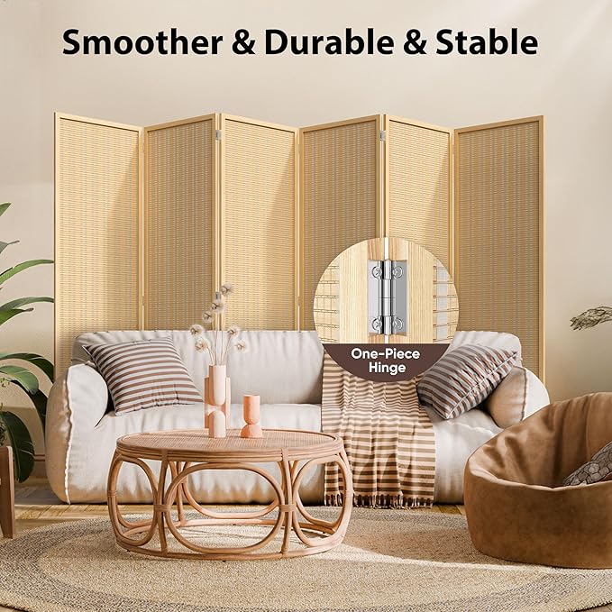 JOSTYLE Room Divider Folding Privacy Screen, 6 Panel Room Divider Screen - 6 ft. Tall Bamboo Divider Panel for Room Separation Freestanding Partition Wall, Beige, 70.9" H x 119" W