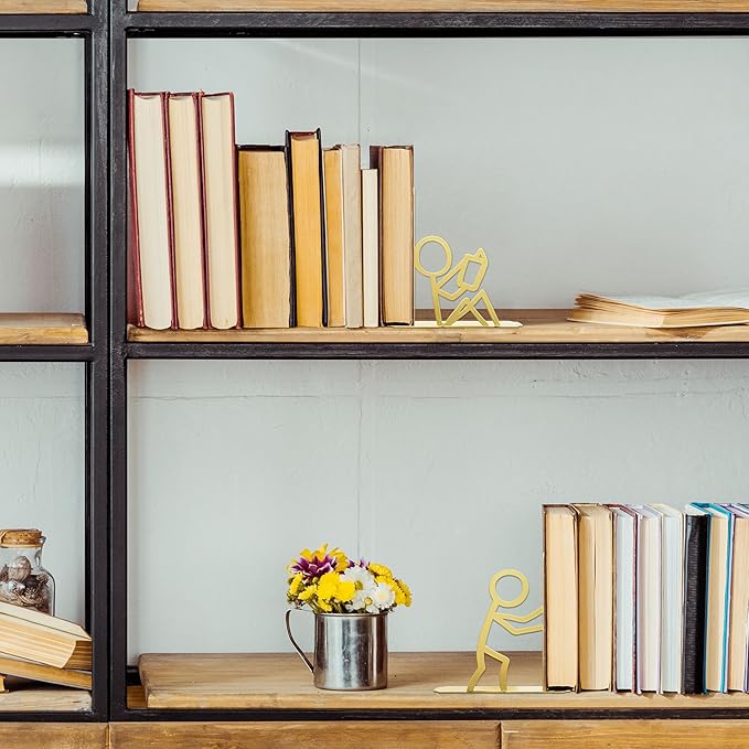 Metal Unique Office Desk Bookends Decorative Cute Book Ends Reading Decor Bookshelf Decor for Office School Library Bedroom, Book Lovers Gift（Gold）