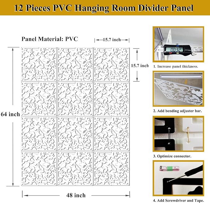 Lchen Hanging Room Divider,12 Pieces PVC Panel Screen Bird Flower for Living Dining Sitting-Room Hotel and Bar Decoration(White01)