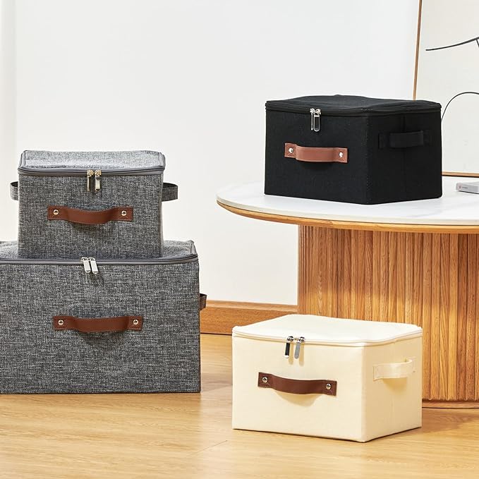 4 Pack Storage Bins with Zipper Lid Cotton Linen Fabric Lidded Storage Baskets Boxes Foldable Washable Closet Shelf Clothes Organizer Container with PU Leather Handles (Black, Small)
