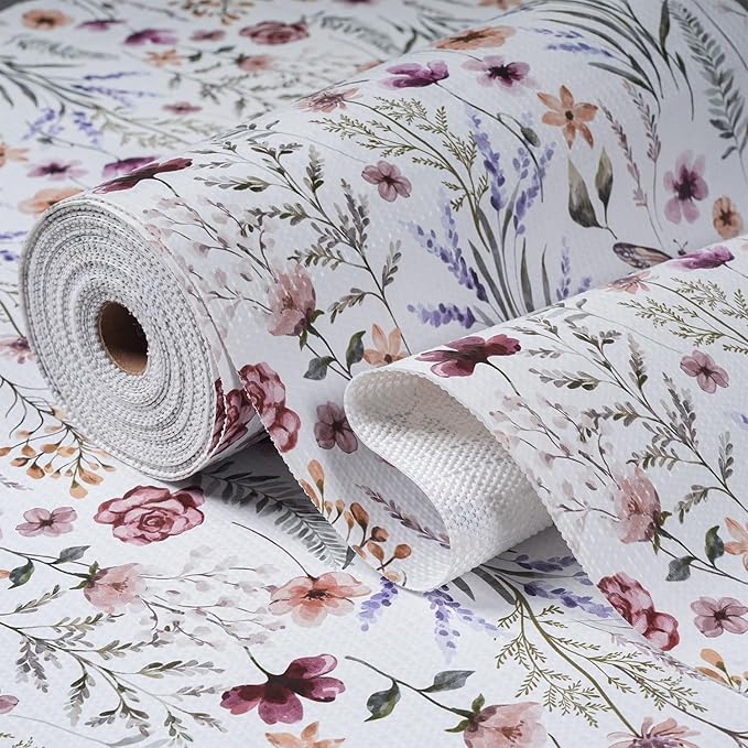 Floral Shelf and Drawer Liner for Kitchen Cabinets,24IN x 10FT Non-Adhesive and Strong Non-Slip Cabinet Drawer Liners for Kitchen Shelf, Waterproof Cupboard Liners,Easy to Clean