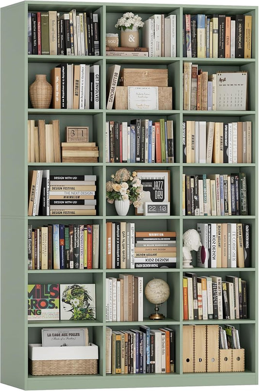 HOSTACK 86" H Triple Wide Bookshelf and Bookcase, 7 Tier Tall Bookshelf with Storage, Large Bookcase with 21 Open Display Storage Shelves, Wood Book Shelf Media CD DVD Storage for Living Room, Green