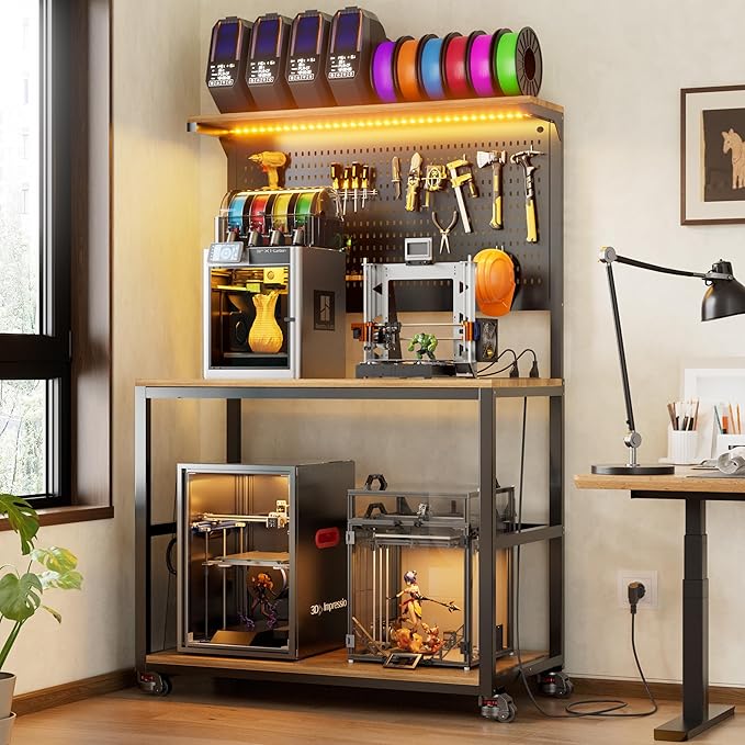 PAKASEPT 3D Printer Stand with Filament Storage Workbench,3D Printer Table with Charging Station & LED Lights,Heavy Duty Rolling Printer Desk with Pegboard for Workshop/Office/Garage