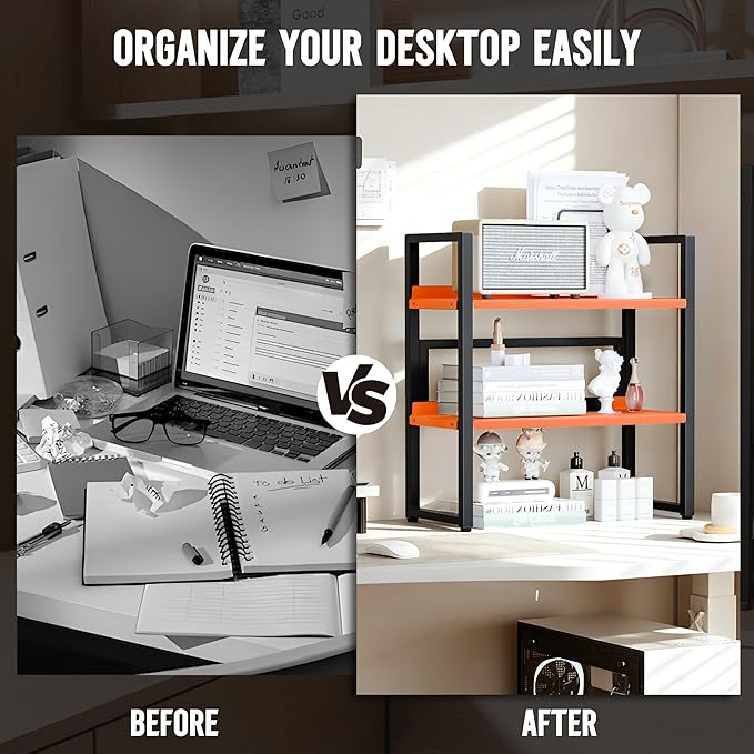 Brakki Desk Shelf Organizer, Adjustable 2 Tier Metal Desktop Shelves, Desktop Bookshelf Organization with Foot Mat, Multi-Functional Small Storage Rack for Office Dorm Home, Black and Orange