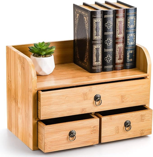 Nicunom Bamboo Desk Organizer, 3-Tier Bamboo Tabletop Storage Organization Multifunctional Desktop Organizer with Drawers for Home Office Toiletries Supplies Vanity