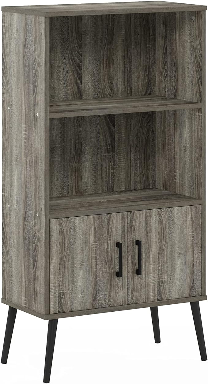 Furinno MIDCENTURY Storage Shelves, Mid-Century Style Accent Storage Cabinet with Doors and Shelves, Bookshelf with Legs, for Living Room, Home Office, Grey Oak
