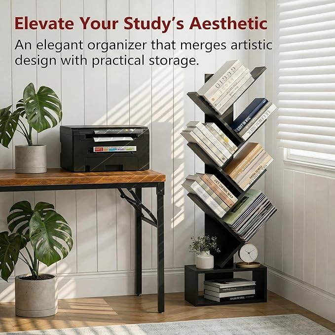 XBurmo 6 Tier Tree Book Shelf - Small Bookshelf Decor, Corner Bookshelf, Living Room Storage, Tall Narrow DVD & CD Shelf Storage Bookshelves, Comic Bookcases Standing for Bedroom or Office, Black