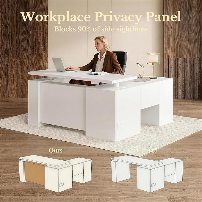 63 Inches L Shaped Standing Desk, Executive Standing Desk with Drawers and File Cabinet, AC/USB, 1.18" Desktop, Multi-Sized Storage Cubby, Privacy Panel, Fluted Computer Desk, White