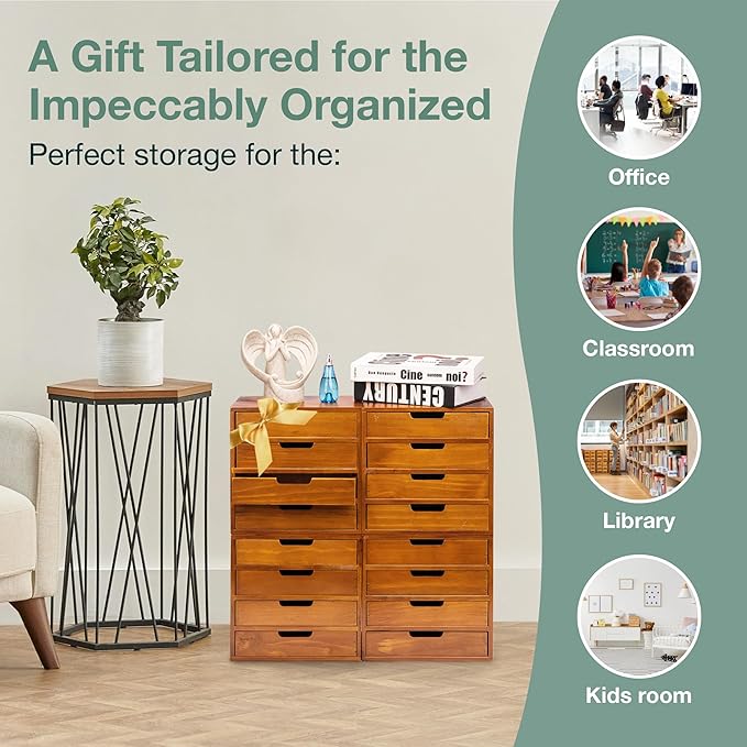 Stackable Modular 4-Pack 16 Drawer Desktop Storage Organizer in Modern Wood Design (20”x7”x 20”) Stackable Drawers For School Office - Crystals, Scrapbook Organization - Declutter Countertop