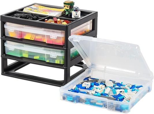 IRIS USA Fits 12" x 12" Paper, 3-Tier Desk Top Storage Unit with Organizer Top, for Office Art & Craft Supplies, Pens Pencils Sticky Notes Paper Clips, 3 Clear Cases w/ Built in Handle - Black/Clear