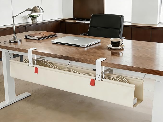 Under Desk Cable Management No Drill – 48" L x 6" W Cord Organizer, Upgraded Silicone Pads (No Scratch!), 16 Cable Slots, Washable PE Honeycomb Base, Fits Desks 0–2.1" Thick, Beige