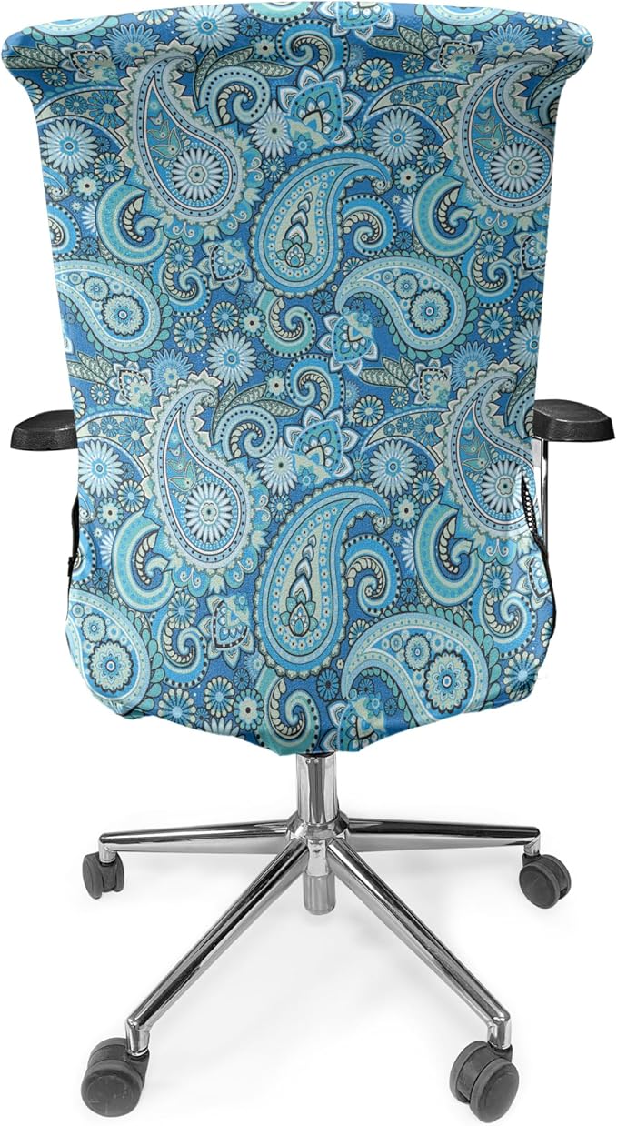 Ambesonne Blue Paisley Office Chair Cover, Folk Ornament Flower Like Elements Buta Motifs Illustration Print, Stretchable Decorative Universal Size High Back Printed Slipcover, Blue Green