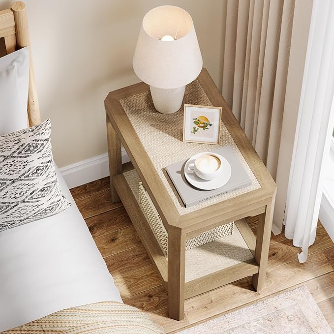 Eclatara Rattan Night Stand Set of 2 - Farmhouse 2 Tier End Table for Bedroom - Accent Side Table wtih Open Storage Shelves for Small Space Narrow Coffee Table Bamboo, Oak