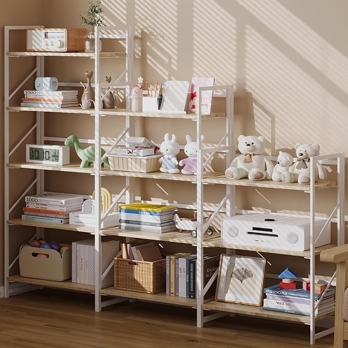 JSB 3 Tier No Assembly Folding Bookshelf, Industrial Metal Book Shelf for Storage, Vintage Wood Foldable Bookcase for Living Room, Bedroom, Office Organization Shelves