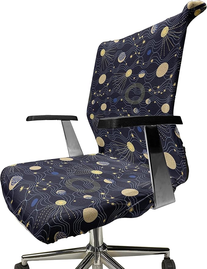 Ambesonne Night Sky Office Chair Cover, Retro Style Sky Illustration with Cosmic Elements, Stretchable Decorative Universal Size High Back Printed Slipcover, Indigo Brown