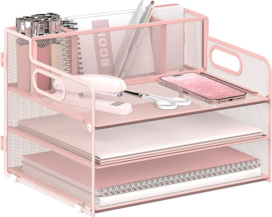 3 Tier Paper Letter Tray Organizer with Pen Holder for Desk, Black Metal Mesh Desk File Folder Sorter Organizer with Handle and Sliding Tray for Home, Office, School Supplies Organization(Pink)