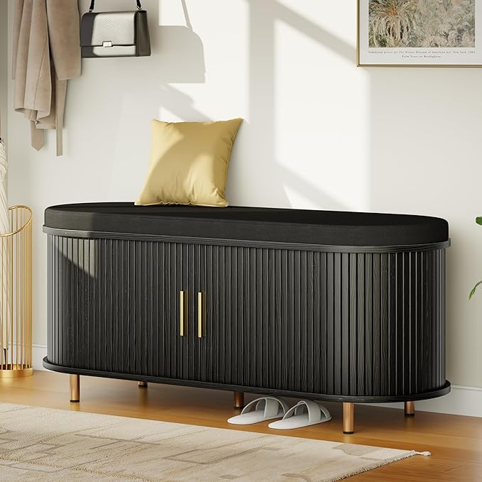 DHH 2-Tier Storage Bench,Wide Shoe Bench with Thickened Padded Seat Cushion, Mid Century Modern Fluted Sliding Door and Adjustable Shelf, for Entryway, Living Room, Bedroom (Black, 43.3“)