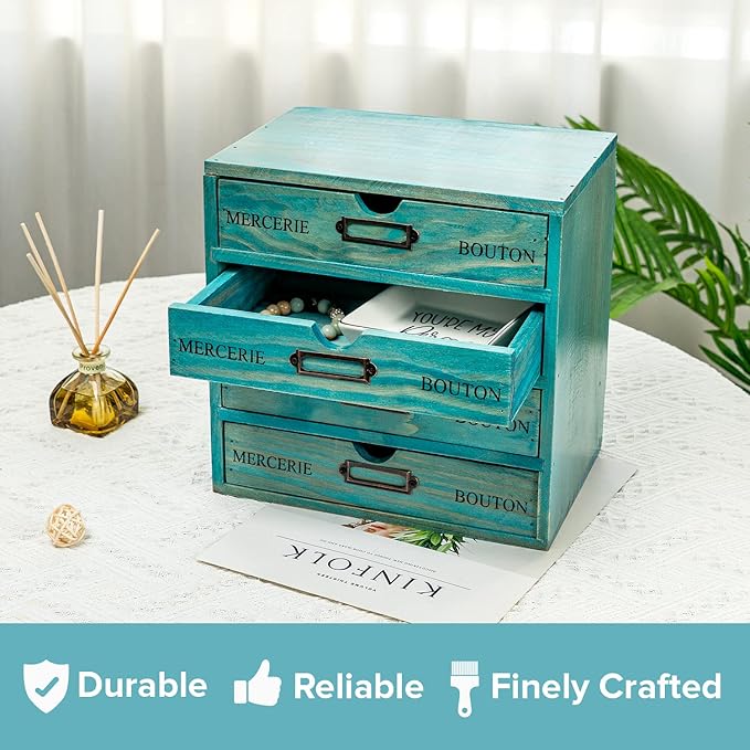 Turquoise 4-Tier Drawer Unit - Teal European Country Style Desk Organizer Box - 9.7x7x10 Wooden Stackable Drawers - Countertop Organizer Drawers w/Label Holder - 4-Level File Drawer Unit