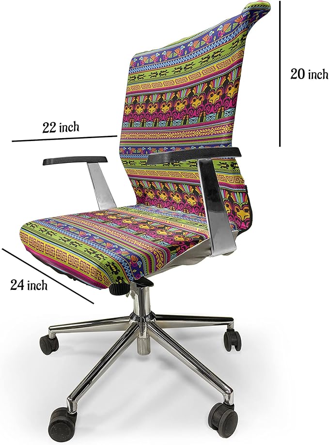 Ambesonne Prehistoric Office Chair Cover, Aztec Culture Pattern Borders Ornate Tribal Animal Print, Stretchable Decorative Universal Size High Back Printed Slipcover, Magenta Yellow