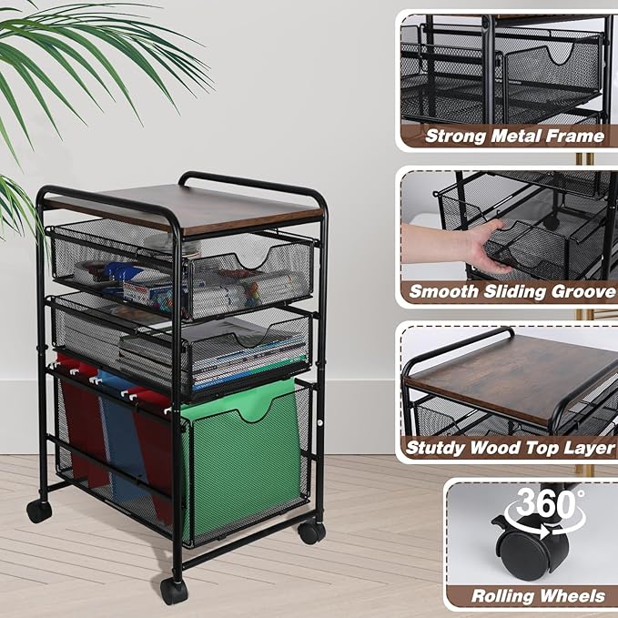 EasyPAG 3-Tier Rolling File Cart with 1 Large & 2 Small Baskets – Adjustable Hanging Organizer, Under Desk Storage, Mobile File Cabinet for Home/Office, Black