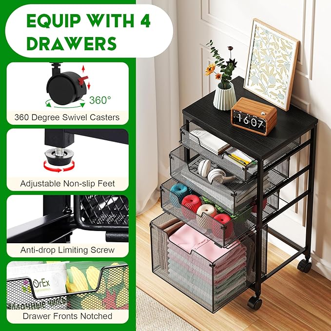 Sbanmao 3 Drawers Rolling Storage Cart, Utility Cart with Wooden Tabletop, Rolling Storage Drawer Cart with Lockable Wheels, Storage Craft Cart for Bedroom, Bedroom, Office, Black