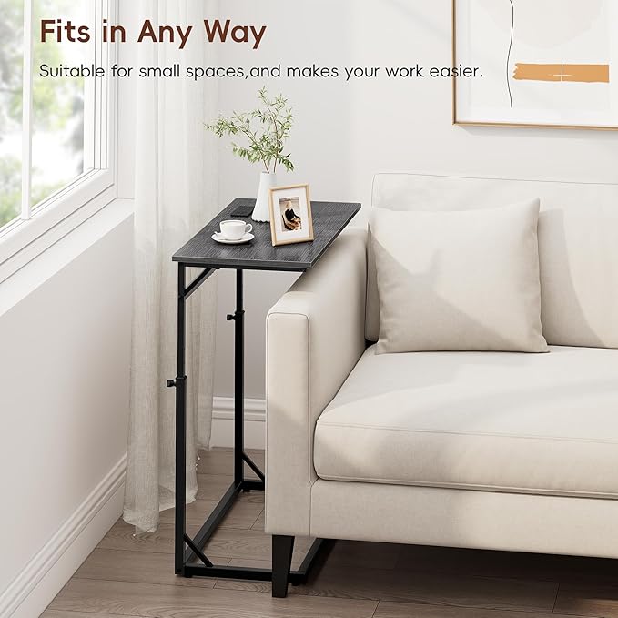 Vagusicc C Shaped End Table with Charging Station, Large C-Table End Table Adjustable Height Side Table for Couch, Sofa Table Slide Under Couch Table TV Tray Table for Living Room, Bedroom,Gray Walnut