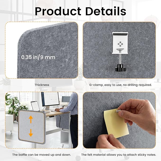 Desk Divider, Clamp On Felt Desk Privacy Panels, Acoustic Sound Absorbing Desk Partition for Office Desk, Reduce Distractions, Light Gray, 2 Pack, 16 x 24 in
