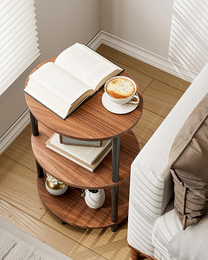Round Pedestal End Table - 3-Tier Oval Accent Table for Small Spaces, Rustic Wood and Metal Couch Side Table, Nightstand for Bedroom or End Table Living Room, Easy to Assemble, Rustic Walnut