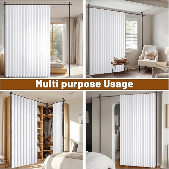 AJAZZ Privacy Curtains for Room Divider with Blackout & Soundproof (2 Panels, White, W100 x L84 in)+ No Drill Curtain Rod(H) 43-120×(W) 35-200 in, Wall Divider for Bedroom/Studio/Office Curtain
