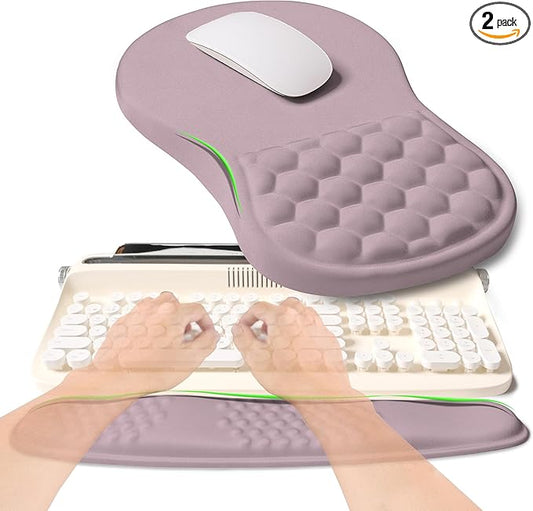 2-in-1 Ergonomic Set, Wave Rise Keyboard Wrist Rest and Massage Bulge Slope Mouse Pad Wrist Support, Cushion Memory Foam Integrated to Relieve Wrist Pain, Purple