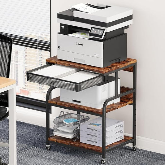 EasyCom 23.6''x18.9'' Extra Large Printer Stand with Drawer, 5-Adjustable Heights 3 Tier Table with Wheels, Rolling Printer Cart with Storage for Printer Scanner Fax Home Office Use