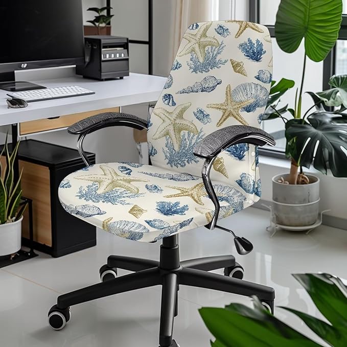 Talayituse Starfish Conch Coral Print Office Chair Covers, Stretch Computer Chair Cover, Universal Boss Chair Covers Modern Simplism Style High Back Chair Slipcover, Small