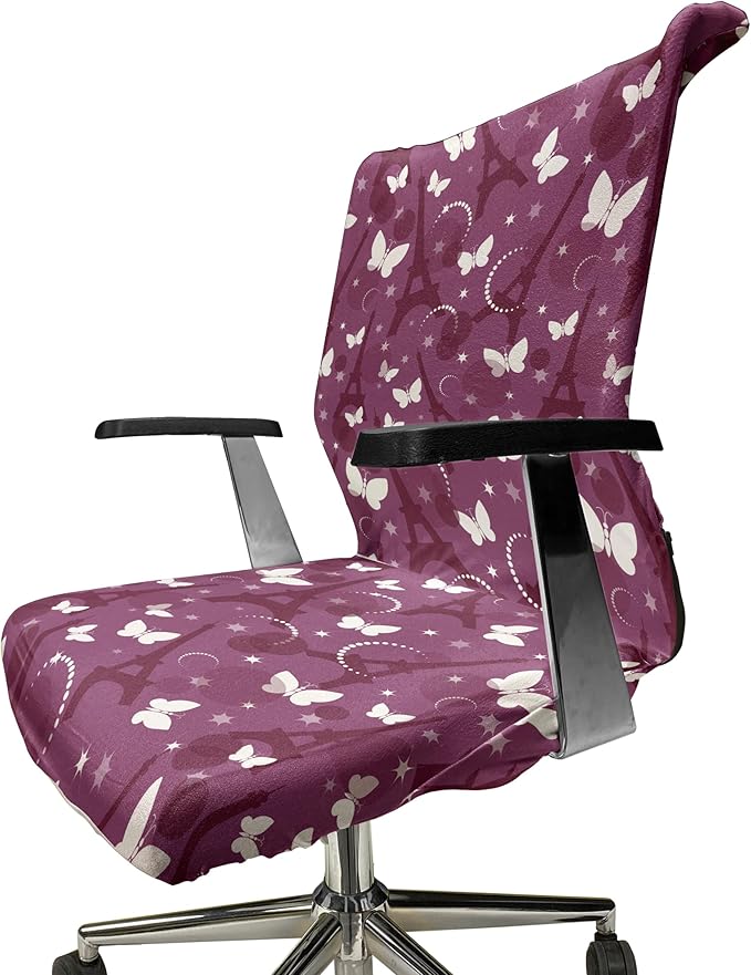 Ambesonne Eiffel Office Chair Cover, Abstract Composition with Towers White Butterflies and Stars Ethereal Display, Stretchable Decorative Universal Size High Back Printed Slipcover, Violet White