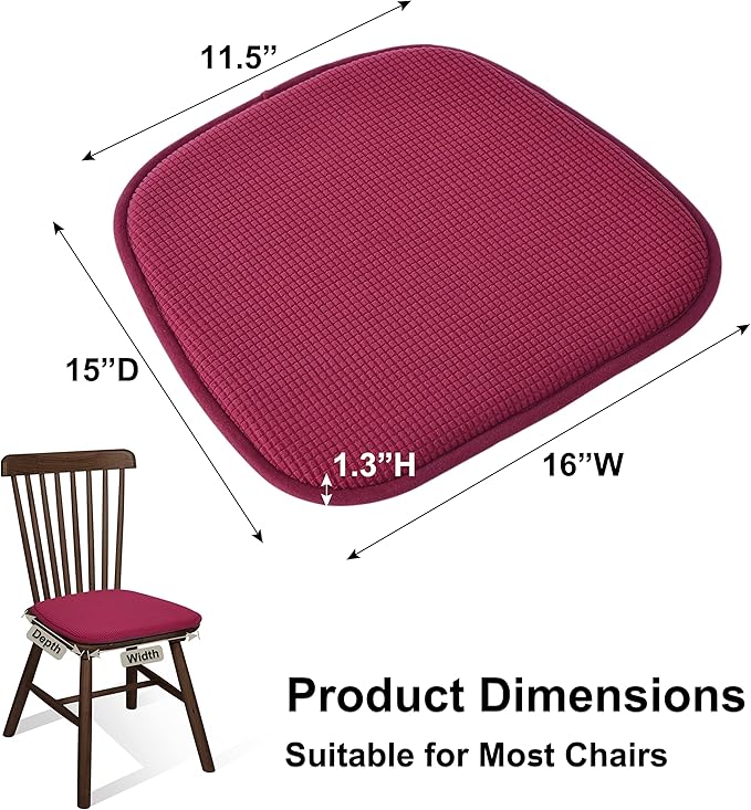Shinnwa Dining Chair Cushions 2 Pack, Non Slip Indoor Chair Pads, U-Shaped Kitchen Seat Cushions, Set of 2, 15 x 16 Inches, Burgundy