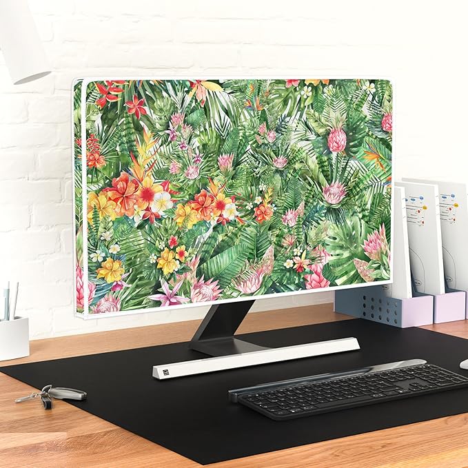 Waterproof Computer Monitor Cover 26, 27, 28 Inch Computer Dust Cover for Desktop PC CPU Tower Protector Anti-Static LCD-Silky HD Panel Dust Protective Sleeve,Tropical Floral