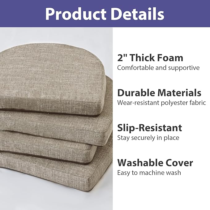 IPYNBAP Chair Cushions for Dining Chairs, Kitchen Chair Cushions, 16'' x 16'' x 2'', Non Slip Indoor Seat Cushions, Chair Pads for Dining Chairs with Ties & Removable Cover, Set of 4, Khaki