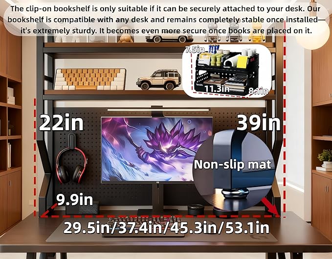 Desktop Hutch Bookshelf,Many Gifts,Metal Desktop Bookcase with pegboard, Desk Shelf Brown, Countertop Storage Organizer Rack for Dorm or Office,Desktop Shelves (Natural+Black, 45.3" Lx9.9 Wx39 H)