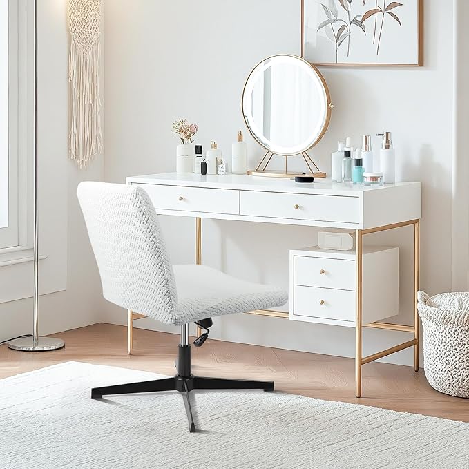 Criss Cross Chair Cover, 2pcs White Slipcover Armless Office Desk Computer Chair Fuzzy Cover，Stretch Mid Back Wide Seat Swivel Chairs Protector Jacquard for Bedroom（Only Covers, No Chairs）