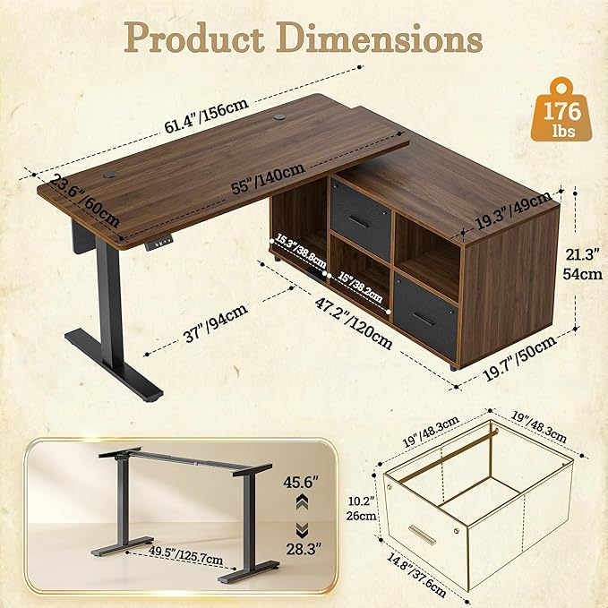 TIQLAB L Shaped Standing Desk with Privacy Protection Panel, 61.4" x 47.2" Height Adjustable Corner Executive Desk with Drawers and Shelves, Standing Computer Desks for Home Office, Black Walnut