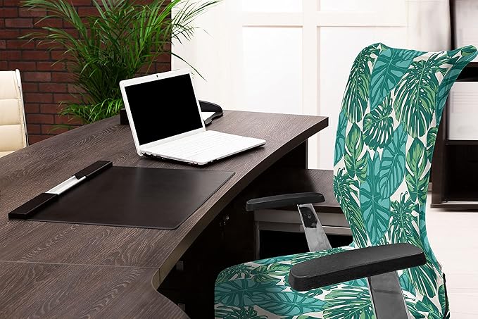 Ambesonne Exotic Office Chair Cover, Continuous Jungle Foliage Pattern with Tropical Leaves, Stretchable Decorative Universal Size High Back Printed Slipcover, Dark Teal