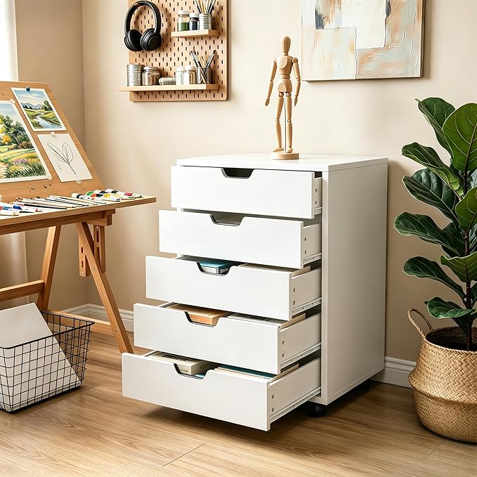 SUPER DEAL 5 Drawer File Cabinet for Home Office, Wood Under Desk Filing Cabinet Mobile Printer Stand Rolling Storage Organizer with Lockable Casters for Apartment Small Spaces, White