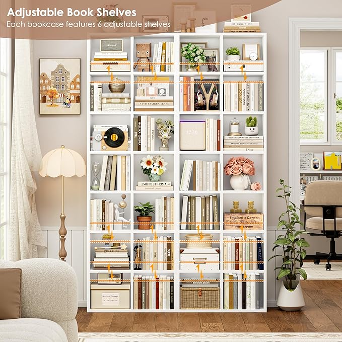 FOTOSOK 71'' Tall Bookshelf with 14 Cubes, 7 Tier Double Wide White Bookshelf with 6 Adjustable Shelves, 19.6" Narrow Bookcase DVD/CD Media Storage, Space Saving Display Shelf Cabinet, White