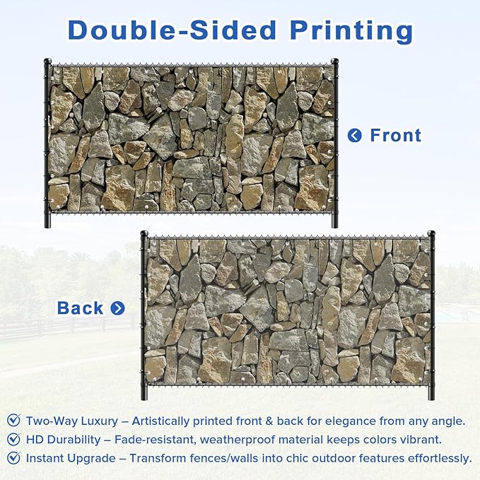 UPGRADE 4'x10'Customized PVC Privacy Fence Screen with Stone Wall Print – Outdoor Waterproof Patio Privacy Cover for Yard, Balcony, Garden Fence Decoration