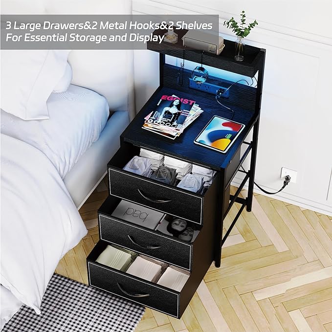 SZLHANJZ LED Nightstand Set of 2, Night Stand with 3 Drawers and Type C Charging Station, Storage End Table with Shelf and Hooks, Large Bedside Table for Dorm Bedroom, Black